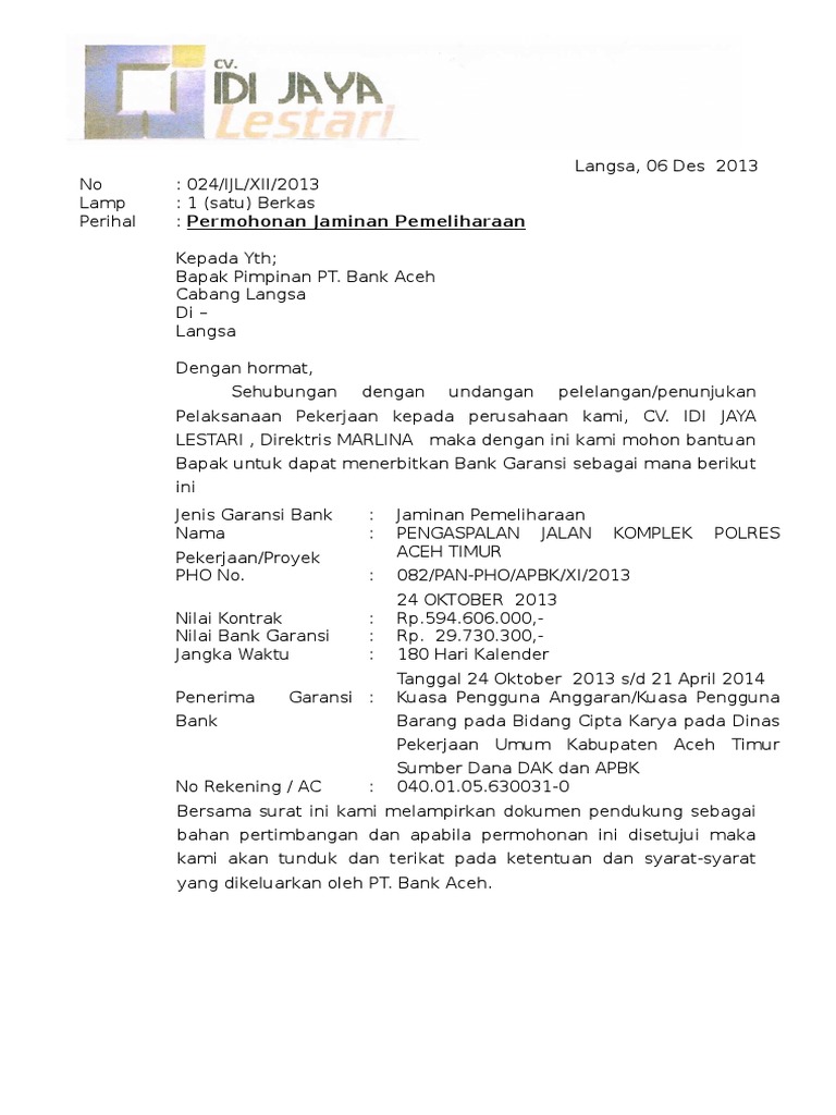 Surat Permohonan Jaminan Pemeliharaan Cv Idi Jaya Lestari Pdf