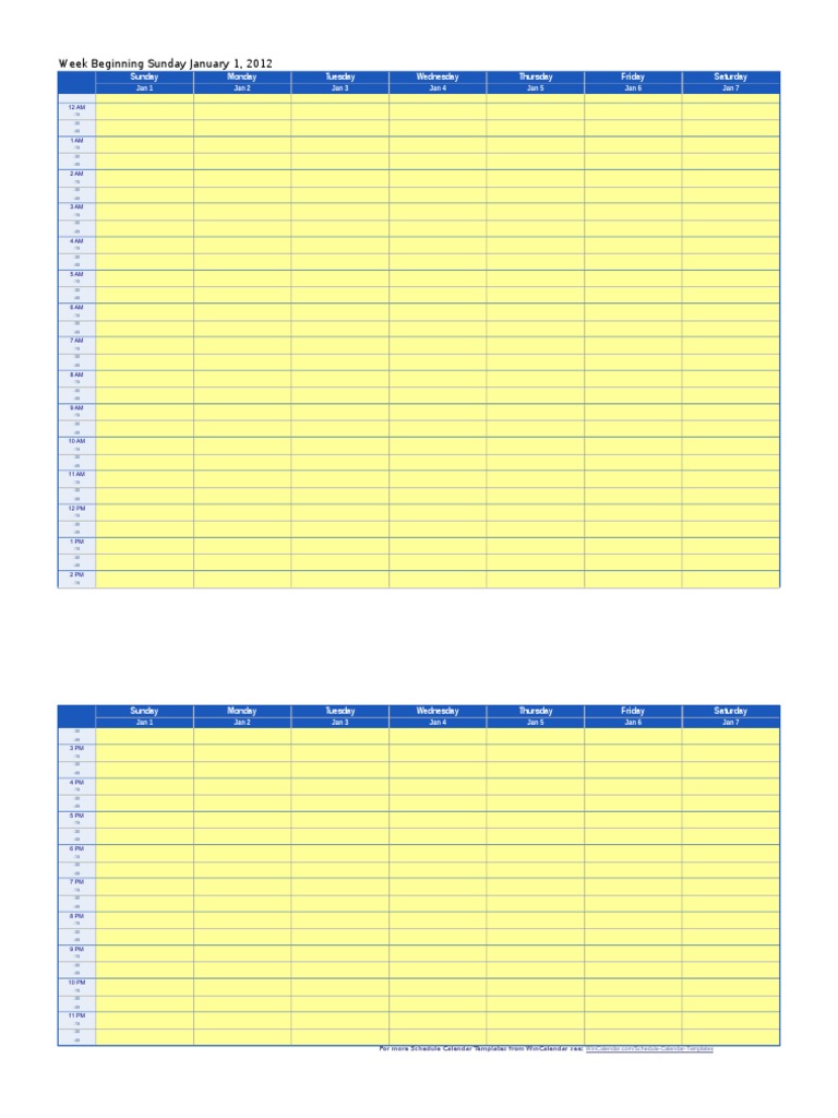Week Beginning Sunday January 1, 2012: Sunday Monday Tuesday Wednesday