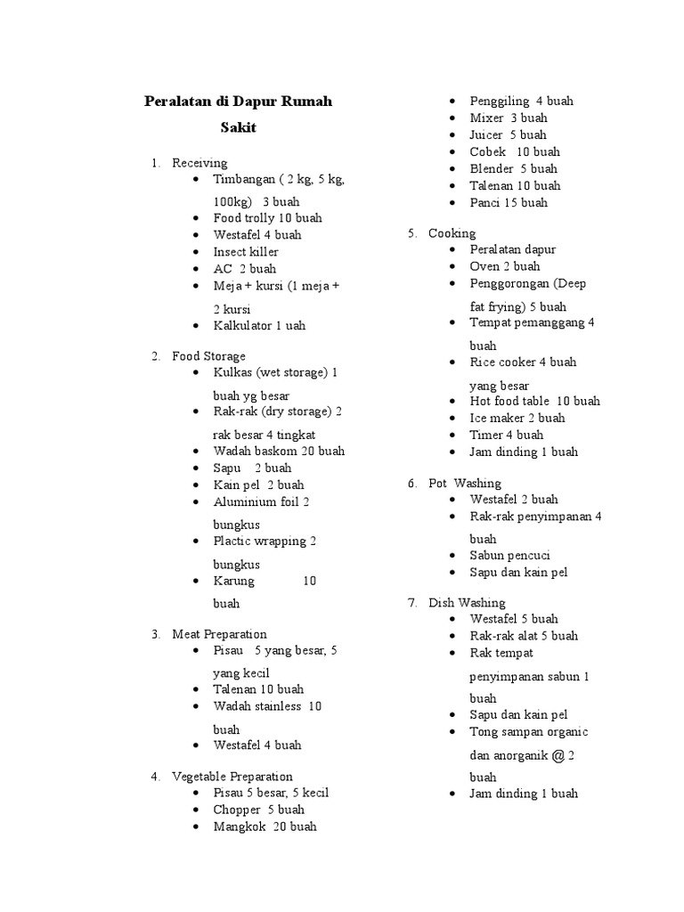 Peralatan Di Dapur Rumah Sakit