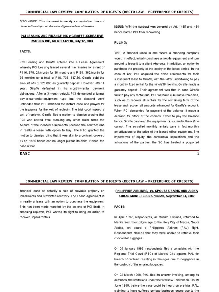 Commercial Law Review Cases Batch Recto Law PDF Lease Receivership