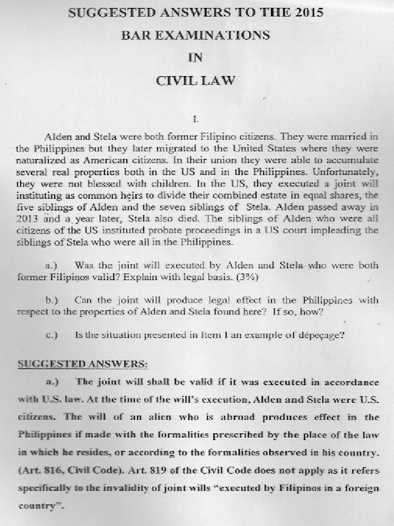 Suggested Bar Questions and Answers For Civil Law Bar Exam of 2015