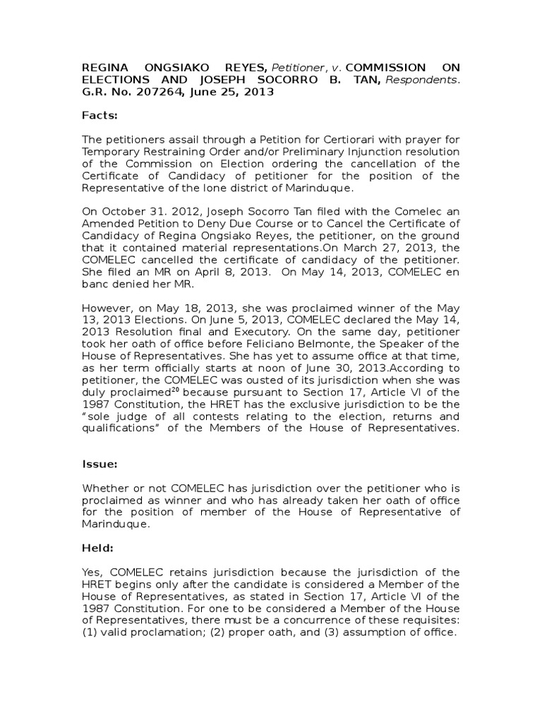 Regina ongsiako reyes petitioner v commission on elections and