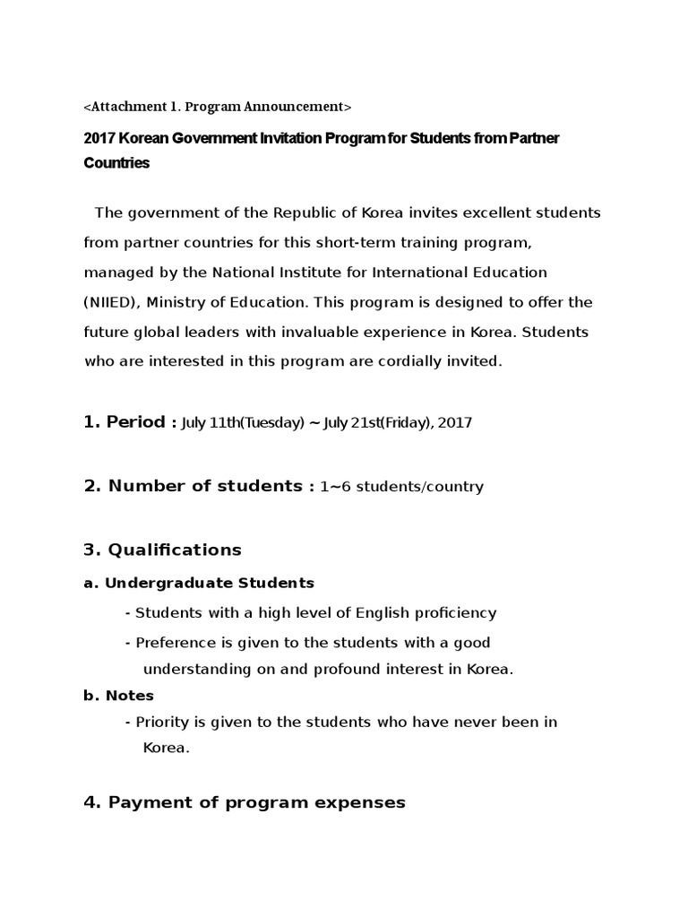 2017 Korean Government Invitation Program For Students From Partner