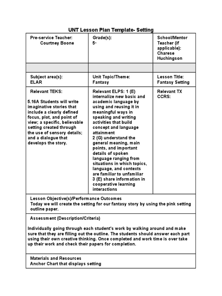 UNT Lesson Plan Template Setting PDF UNT Lesson Plan Template Setting PDF