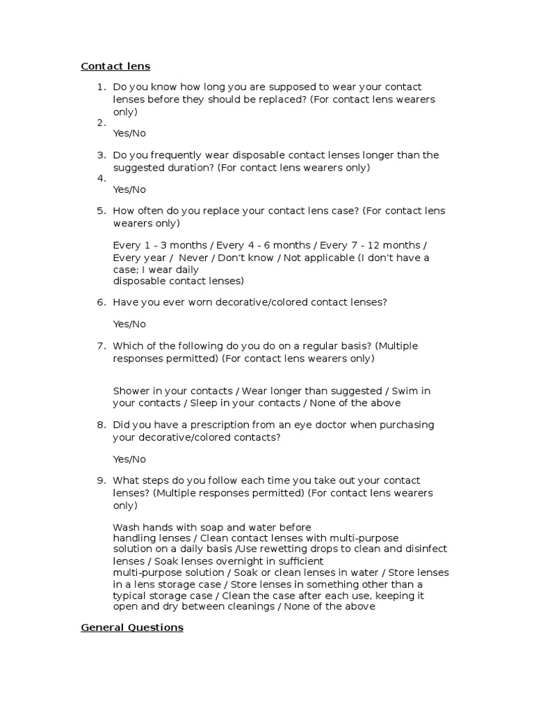 Questionnaire Contact Lens Optometry