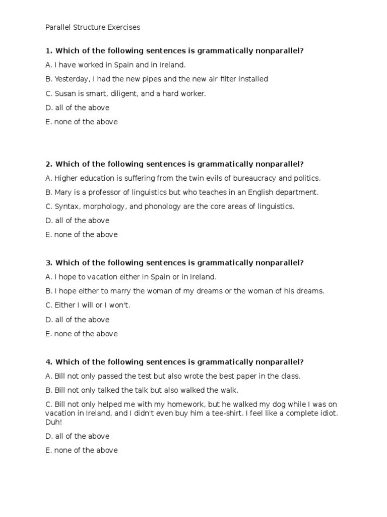 Parallel Structure Practice | Sentence (Linguistics) | Grammar