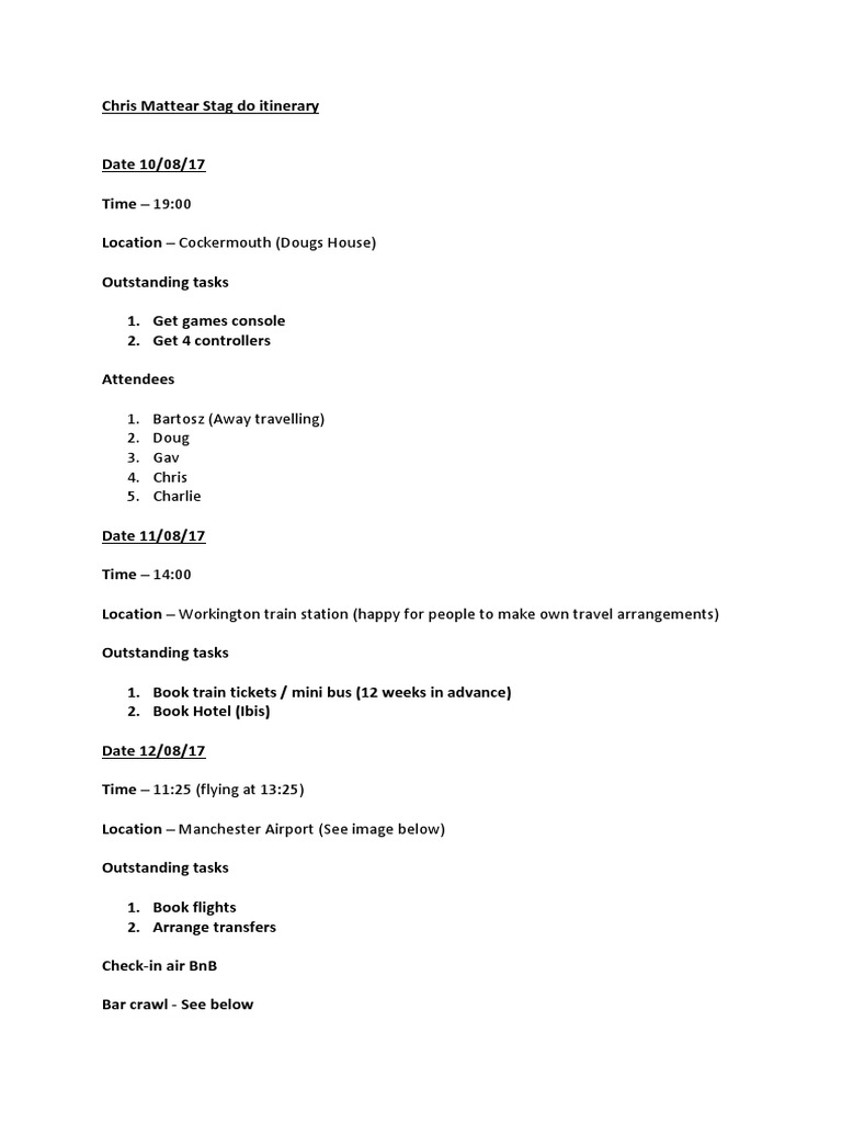 Chris Mattear Stag Do Itinerary 2017 | PDF