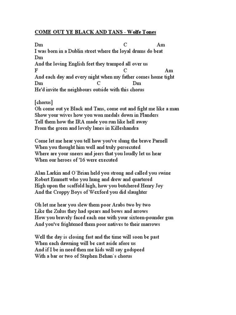 Come Out Ye Black And Tans Lyrics Pdf