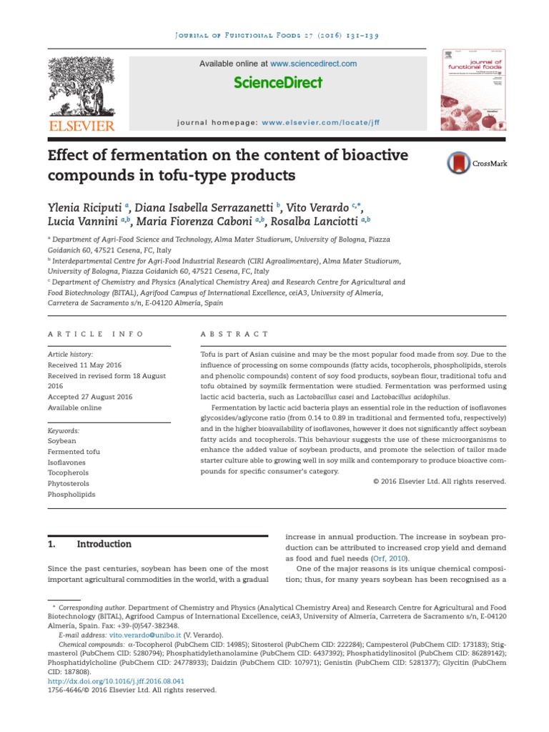 Effect of Fermentation On The Content of Bioactive Compounds in Tofu ...