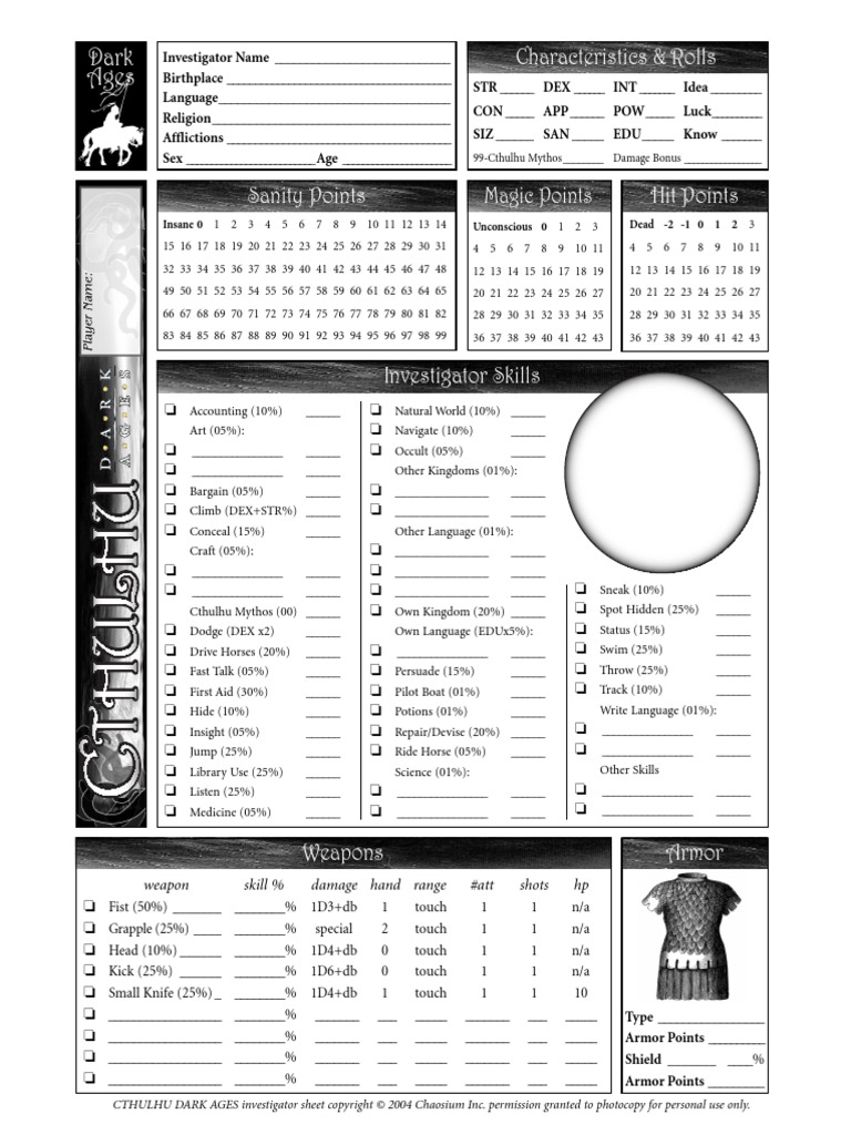 Call of Cthulhu RPG (Dark Ages) - Character Sheet PDF | Download Free