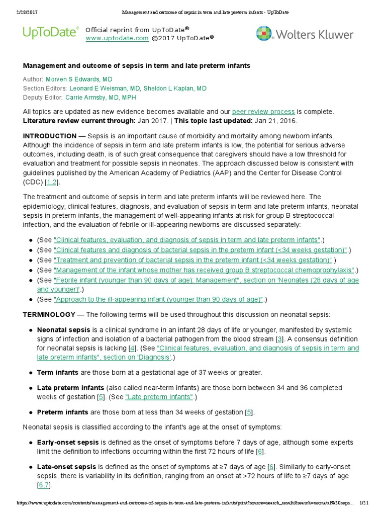 Management and of Sepsis in Term and Late Preterm Infants