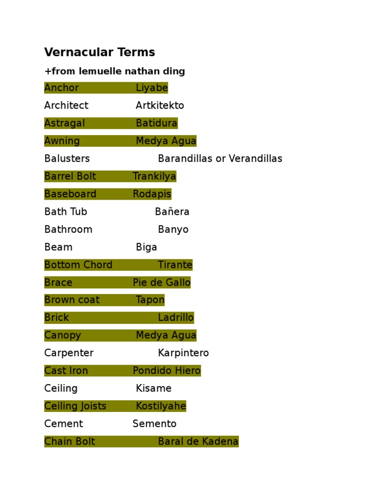 Vernacular Construction Terms in Tagalog | PDF