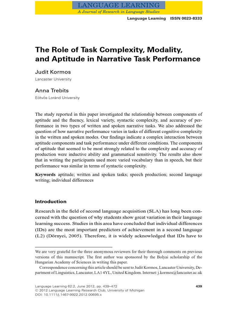 Speaking Task Complexity Modality and Aptitude in Narrative Task ...