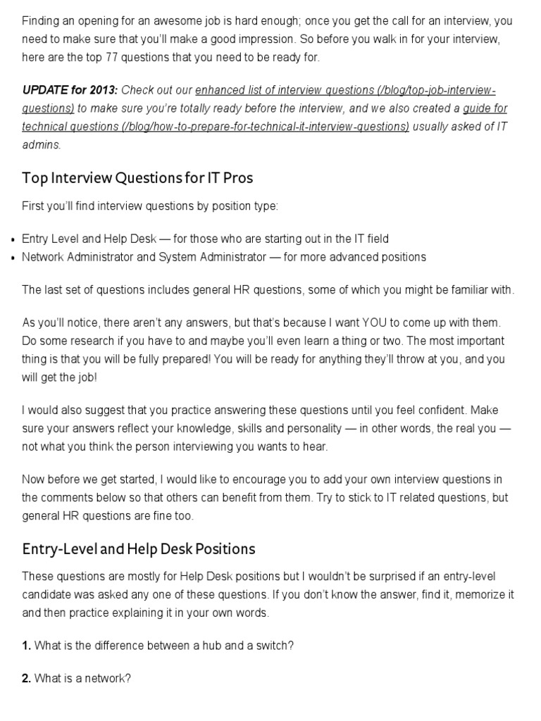 Top 77 Interview Questions For IT Professionals | PDF | Active ...