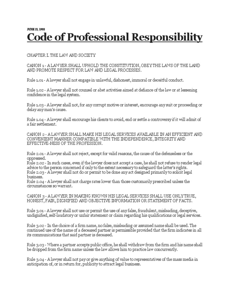 Code of Professional Responsibility Practice Of Law Lawyer