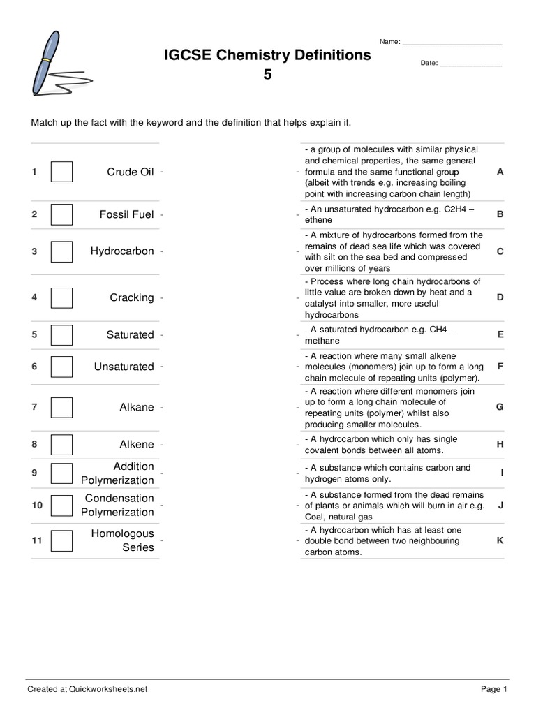 worksheet igcse match key words and definition for revision 4 pdf hydrocarbons alkene