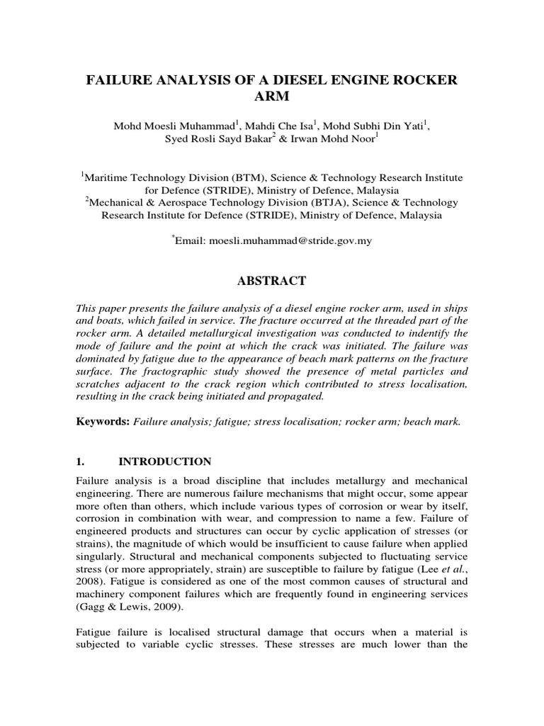 Diesel Engine Rocker Arm Failure Analysis | PDF | Fracture | Fatigue ...