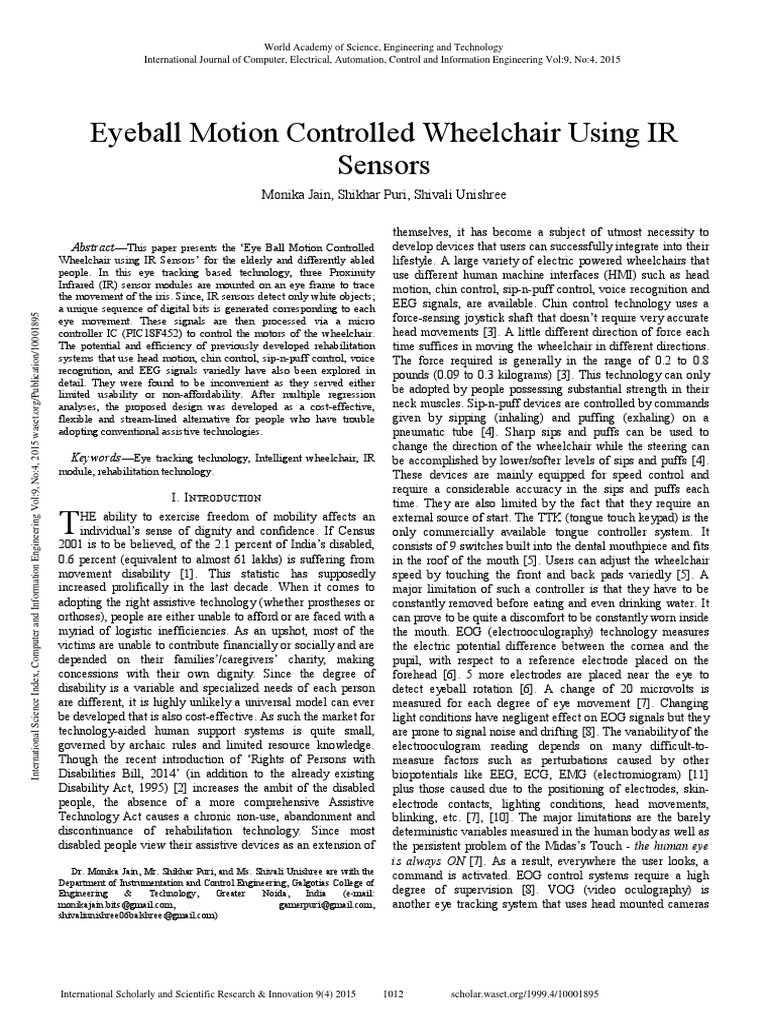 Eyeball Motion Controlled Wheelchair Using IR Sensors PDF Pic
