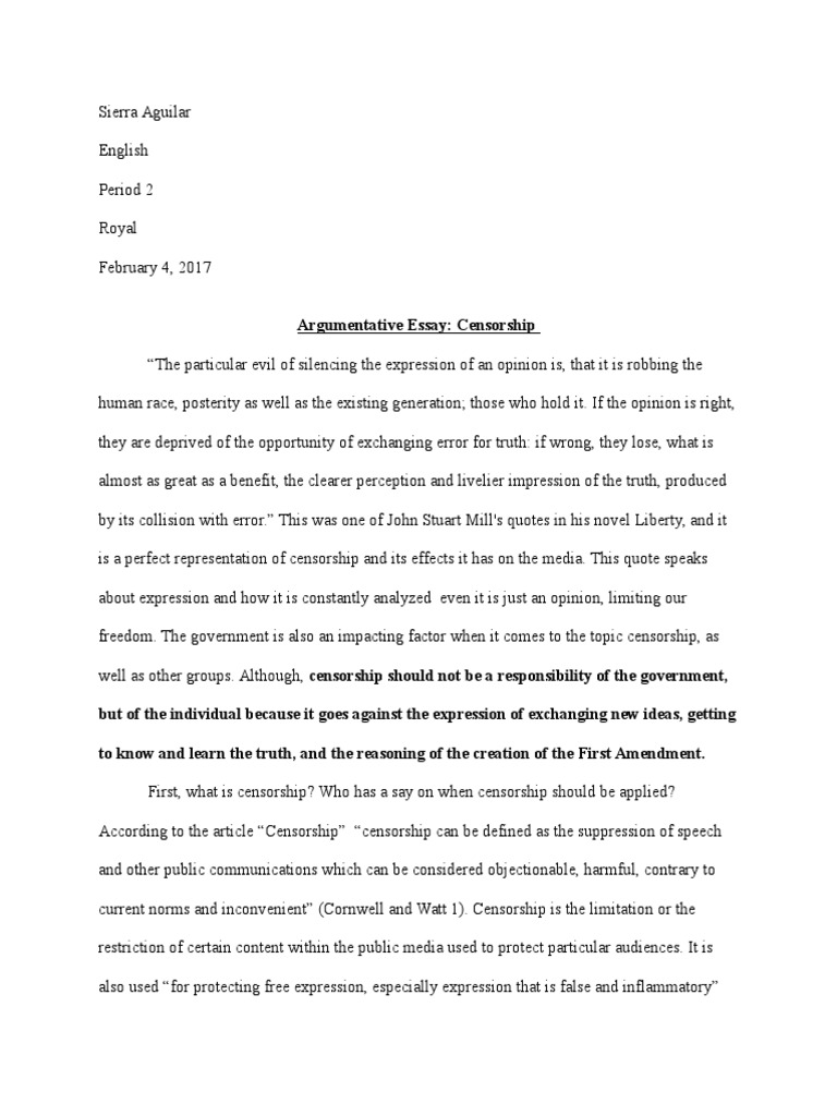 Argumentative Essay Censorship PDF Censorship First Amendment To