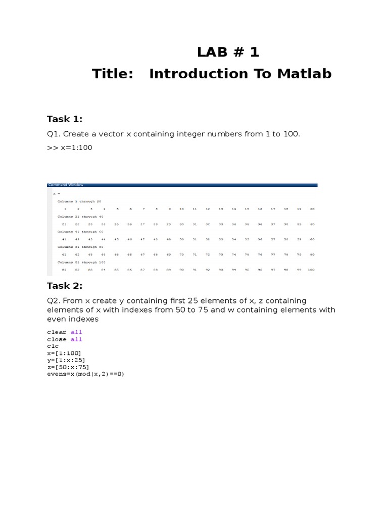 Lab # 1 Title: Introduction To Matlab: Task 1 | PDF