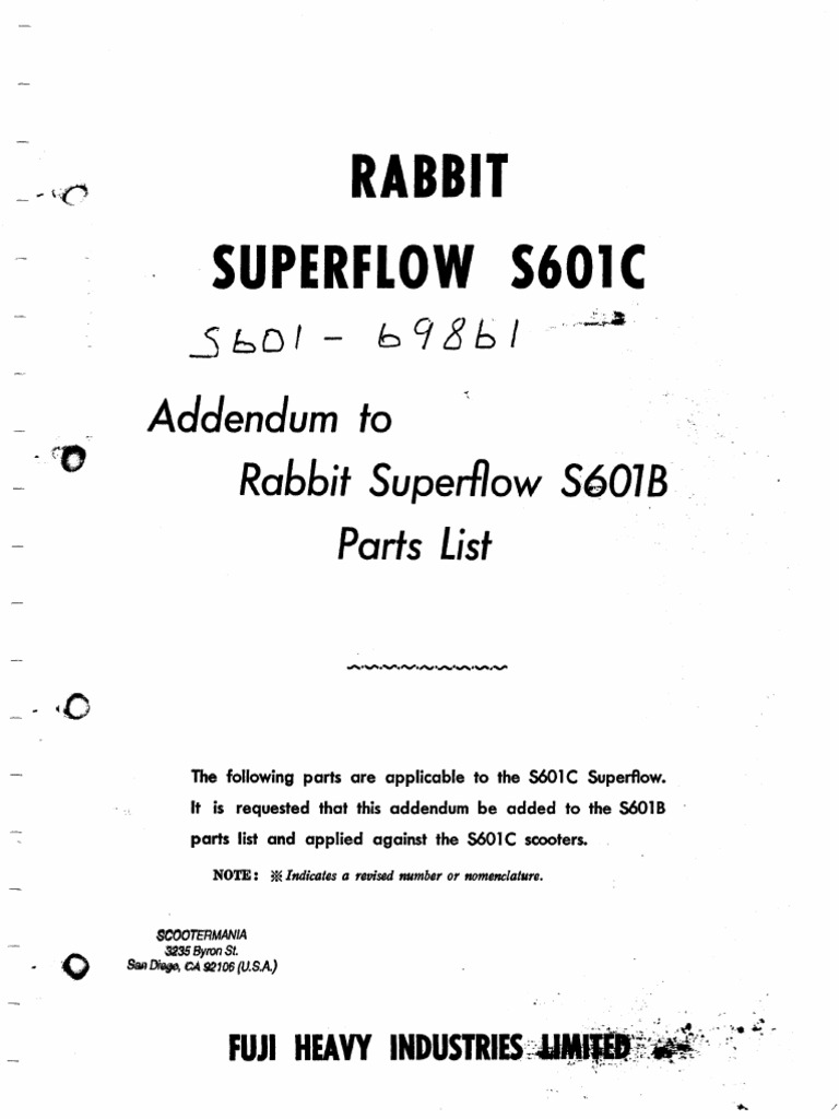 Fuji S601 Rabbit Scooter Illustrated Parts List Diagram Manual PDF