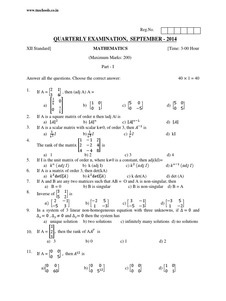 12th Grade Maths Exam Paper PDF | PDF | Complex Number | Matrix ...