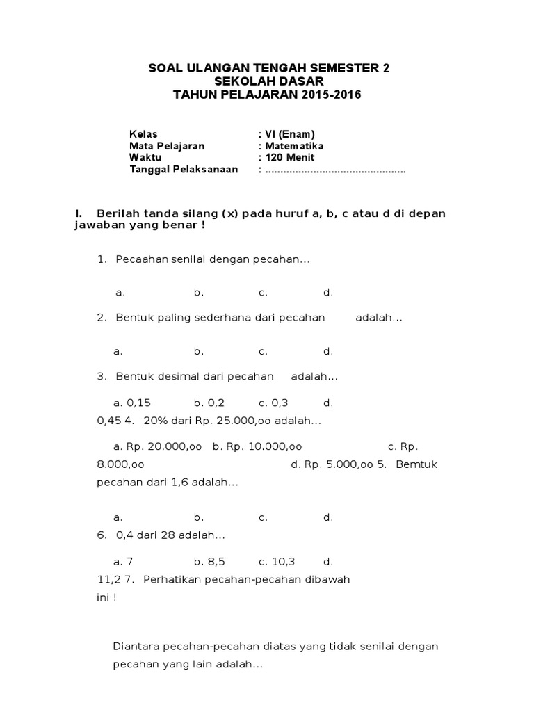 Soal UTS Matematika Kelas 6 Semester 2