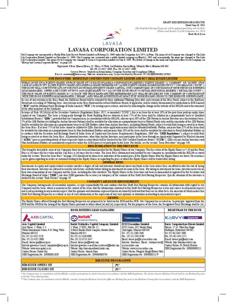 Lavasa Corporation Limited Drhp Stocks Mutual Funds - 