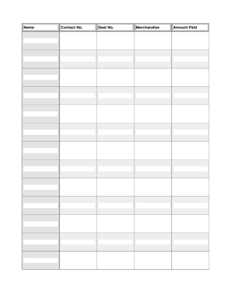 Name Contact No. Seat No. Merchandise Amount Paid PDF