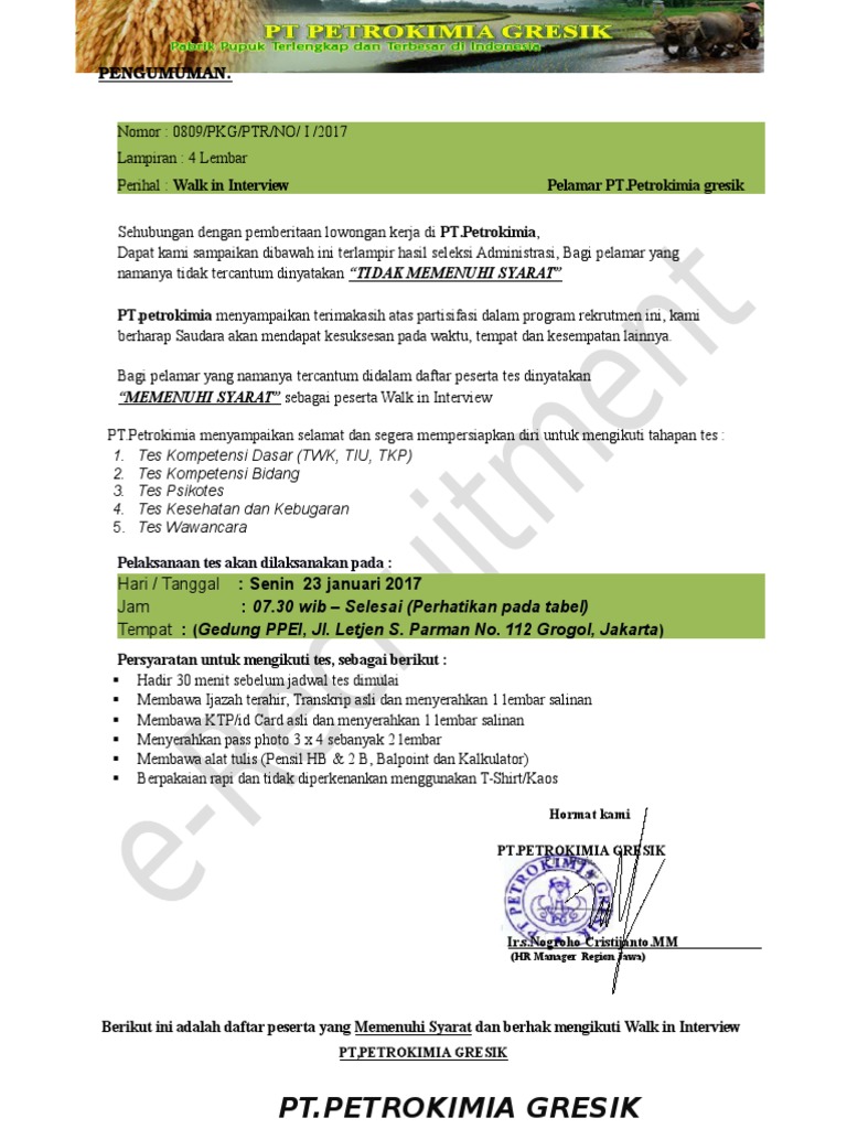 Surat Panggilan Resmi Test Interview Pt Petrokimia Gresik Docx