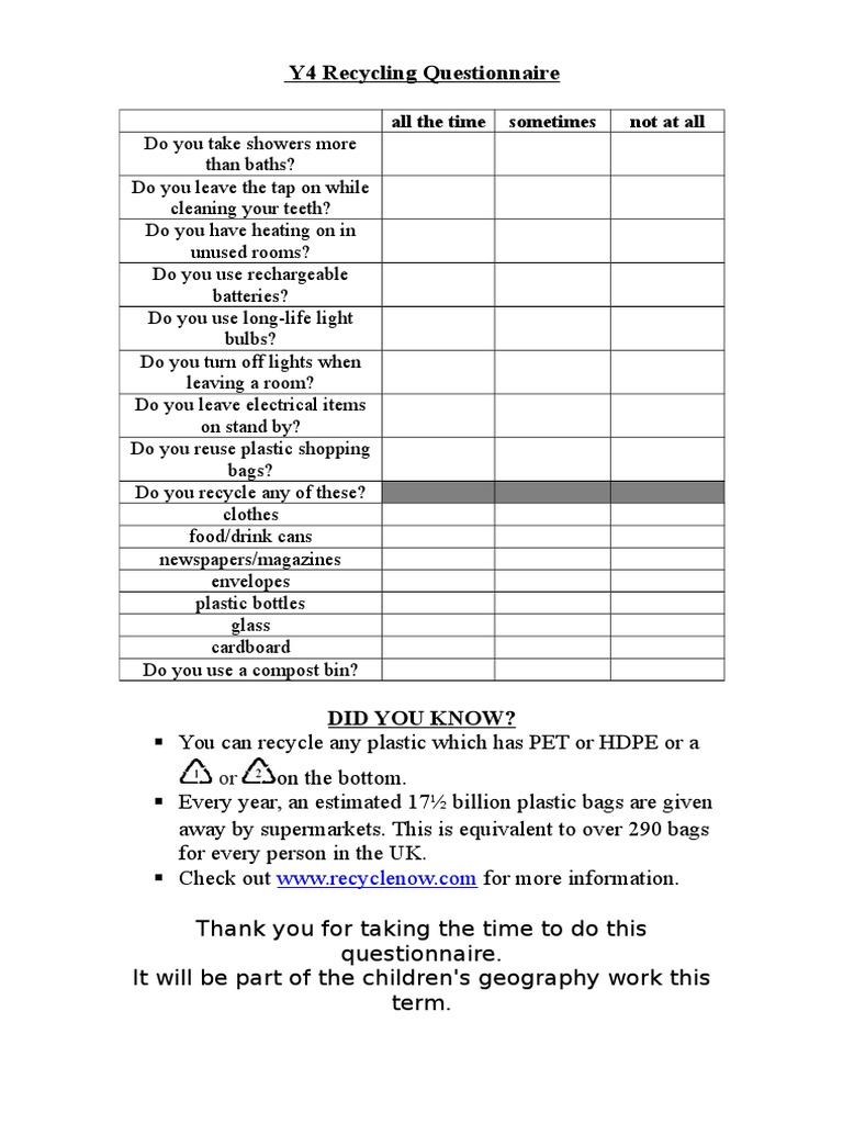 Recycling Questionnaire | PDF