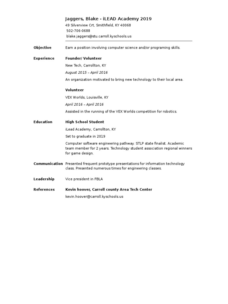 Blake Jaggers - iLEAD Academy Resume | PDF | Art | Technology & Engineering