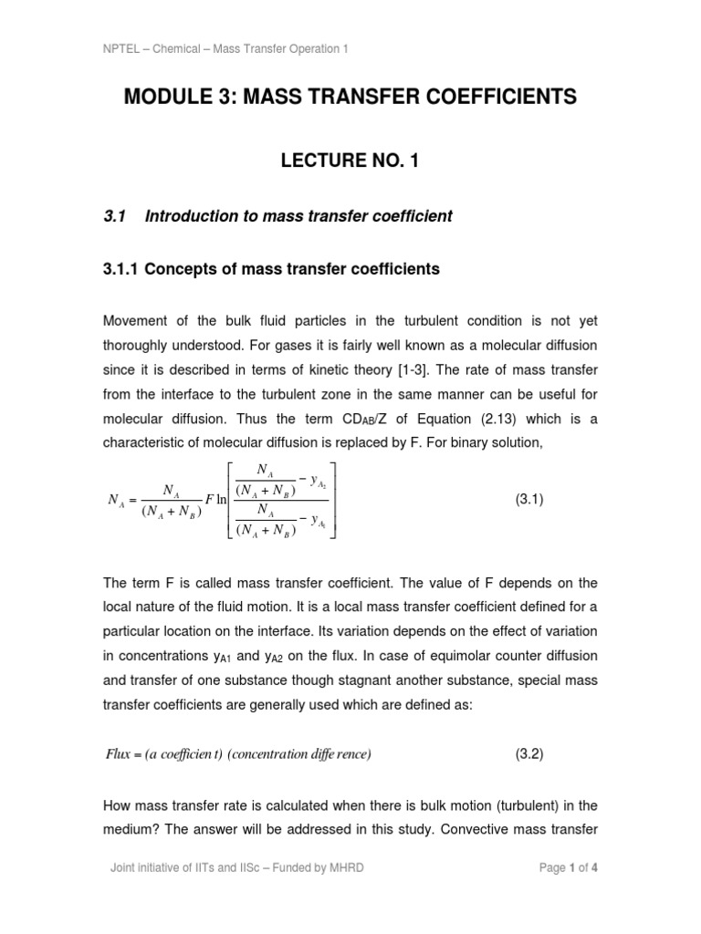 Module 3. Mass Transfer Coefficients | PDF | Diffusion | Mass Transfer