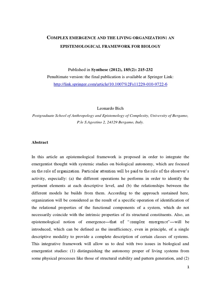 Complex Emergence in Biological Systems | PDF