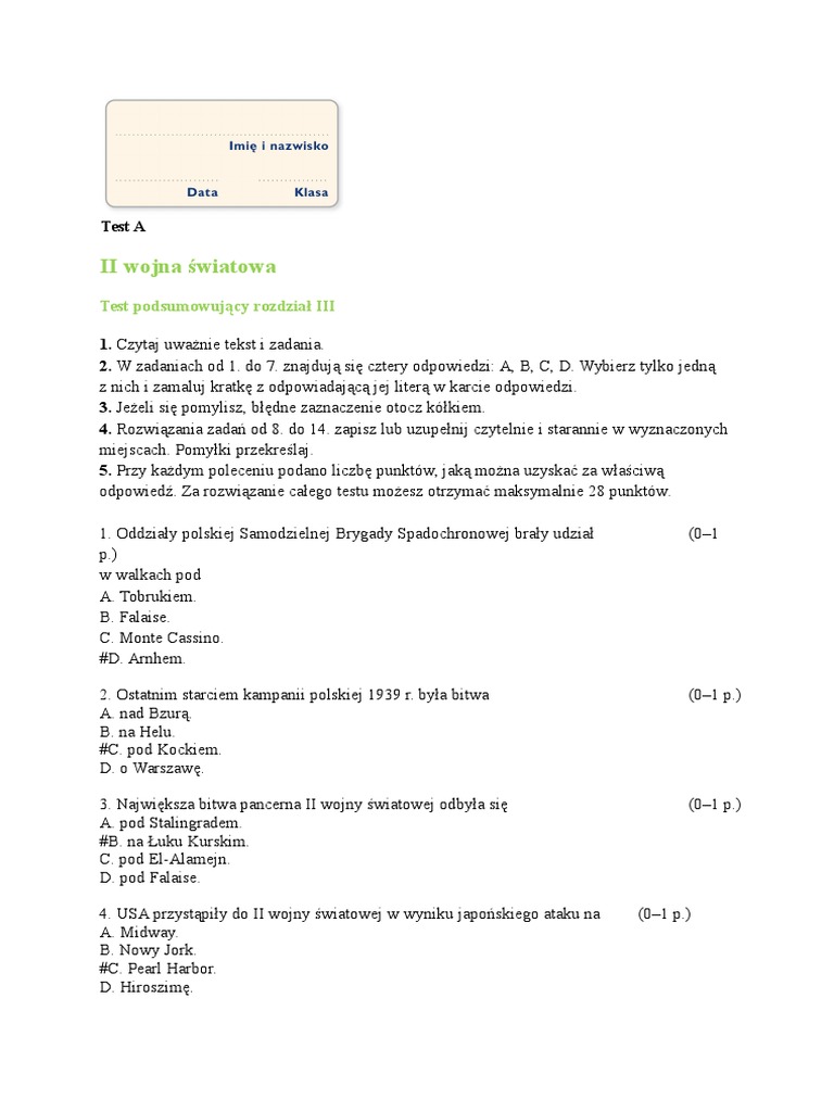 Sprawdzian Ii Wojna światowa Klasa 8 Pdf