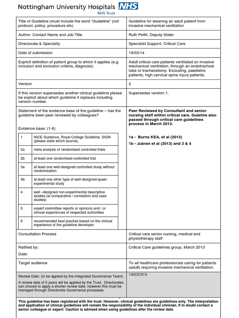 Weaning Guidelines for Invasive Ventilation | PDF | Respiratory System ...