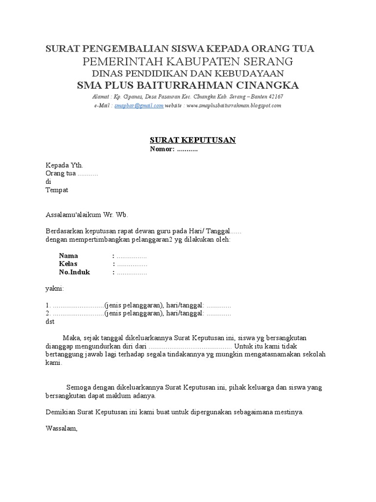 Surat Pengembalian Siswa Kepada Orang Tua