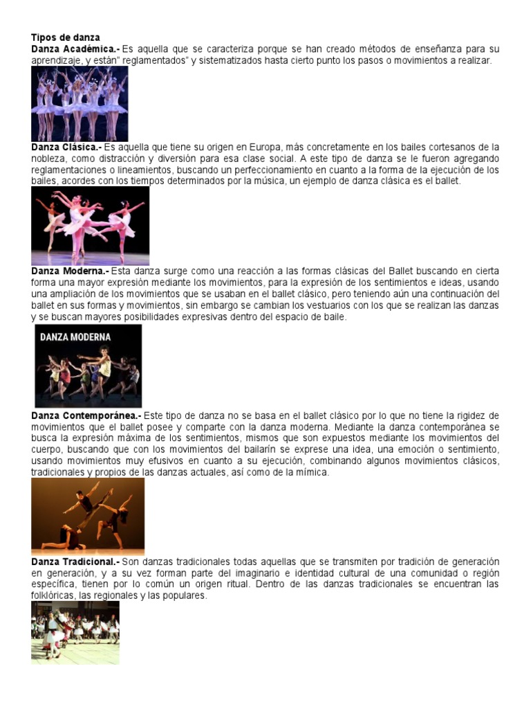Tipos de Danza y Ejemplos Clásicos | PDF | Bailes | Ballet