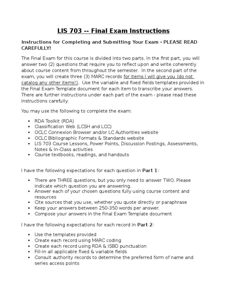 final exam instructions Cataloging Test (Assessment)