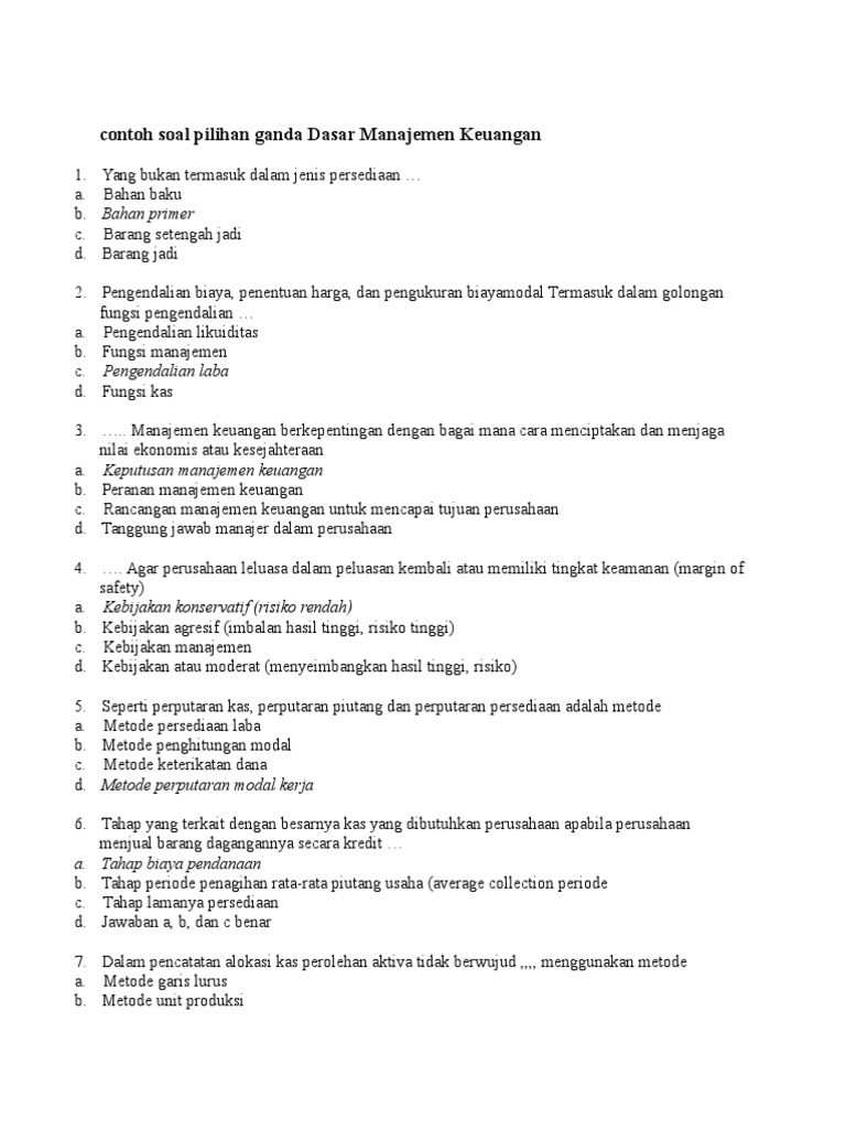 Contoh Soal Pilihan Ganda Dasar Manajemen Keuangan Pdf