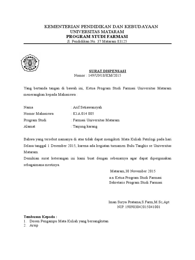 Surat Dispensasi Mhsw