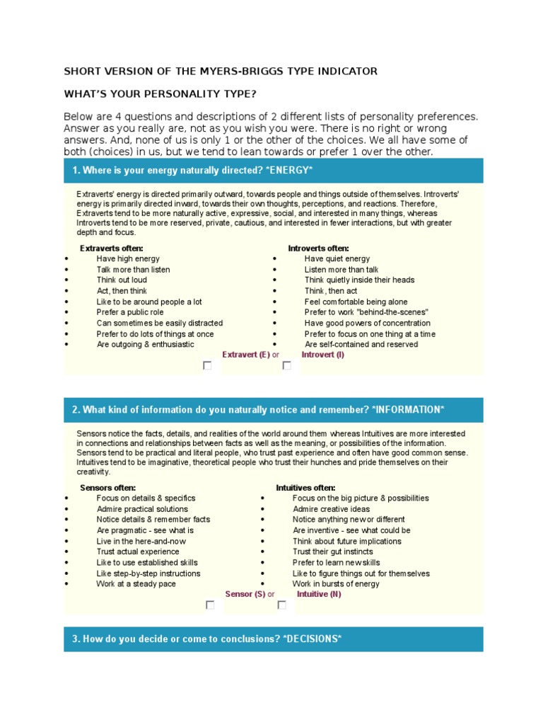 Short Myers-Briggs Personality Test | PDF | Extraversion And ...