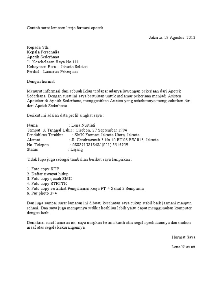 Contoh Surat Lamaran Kerja Apoteker Di Apotek