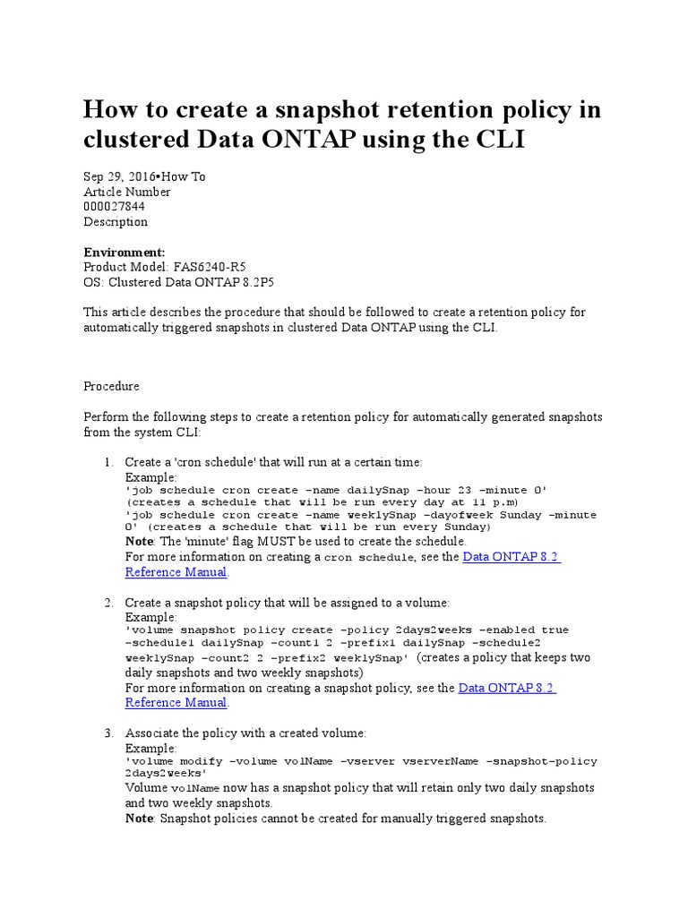 How To Create A Snapshot Retention Policy in Clustered Data ONTAP Using