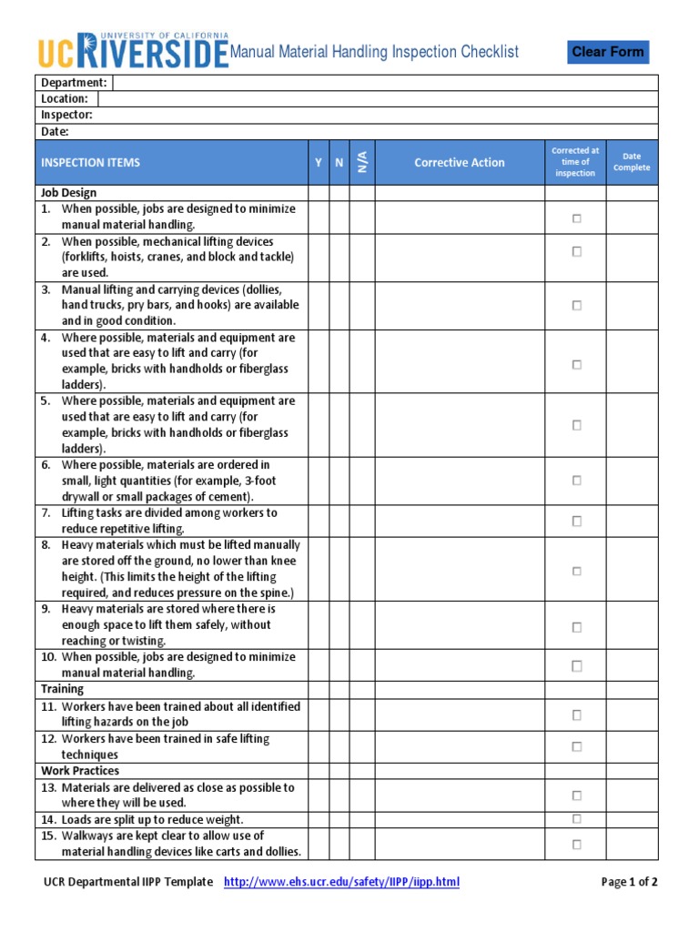 Manual Material Handling Inspection Checklist | PDF | Engineering ...