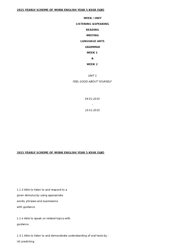 2015 Yearly Scheme of Work English Year 5 KSSR (SJK) Week / Unit ...