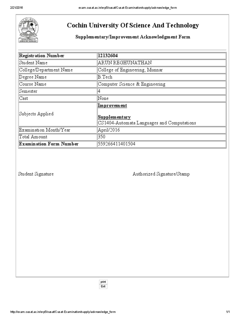 Acknowledgment Form for Arun Reghunathan | PDF