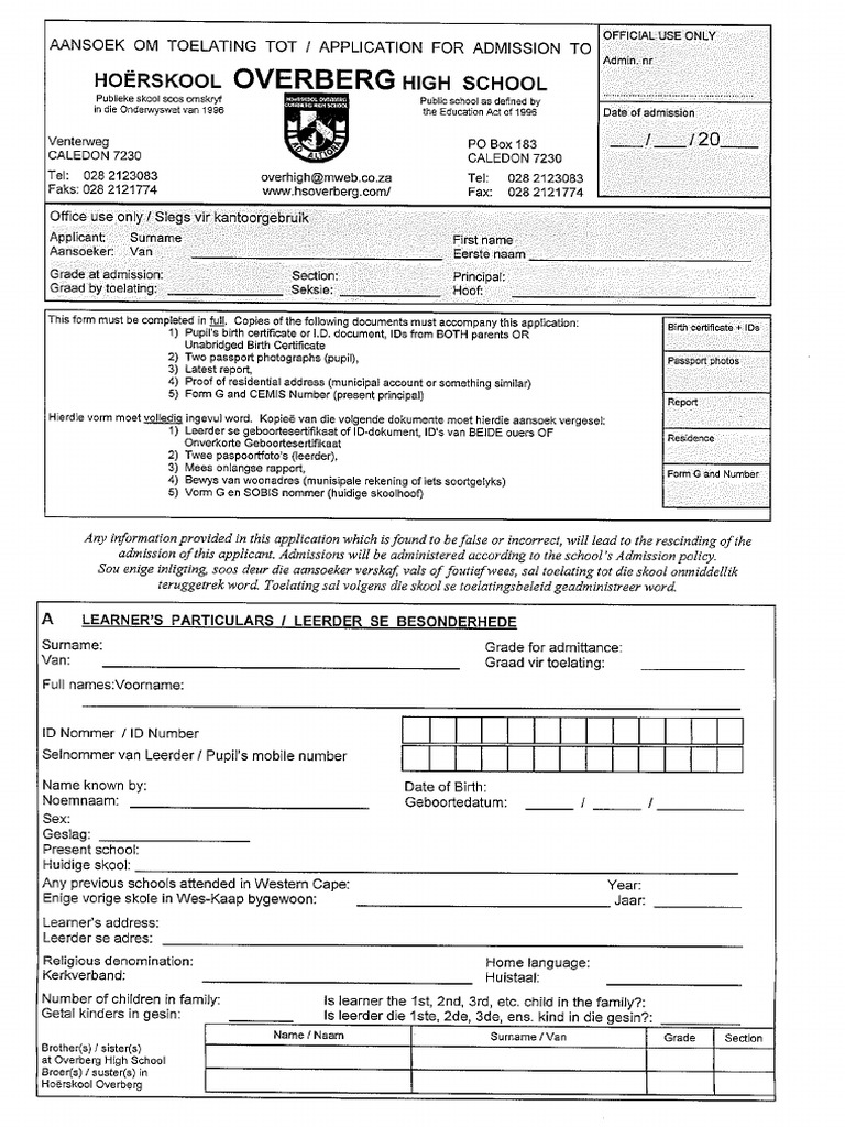 Aansoekvorm 2018 Application Form 2018 Pdf