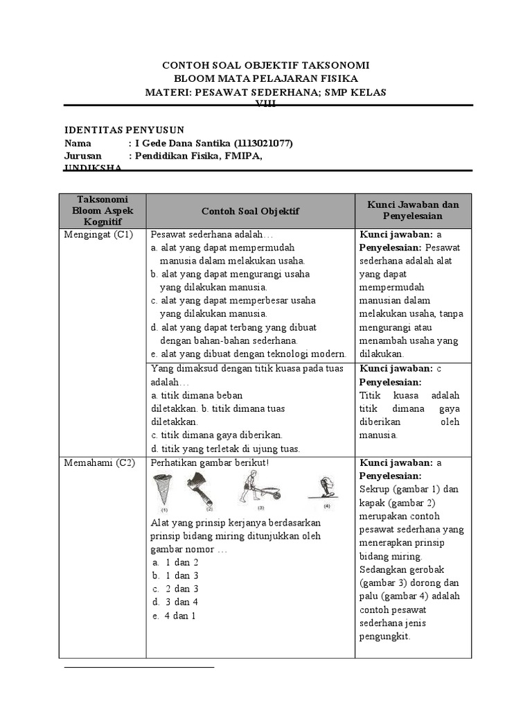 Contoh Soal Esai Fisika Materi Pesawat Sederhana Taksonomo Bloom