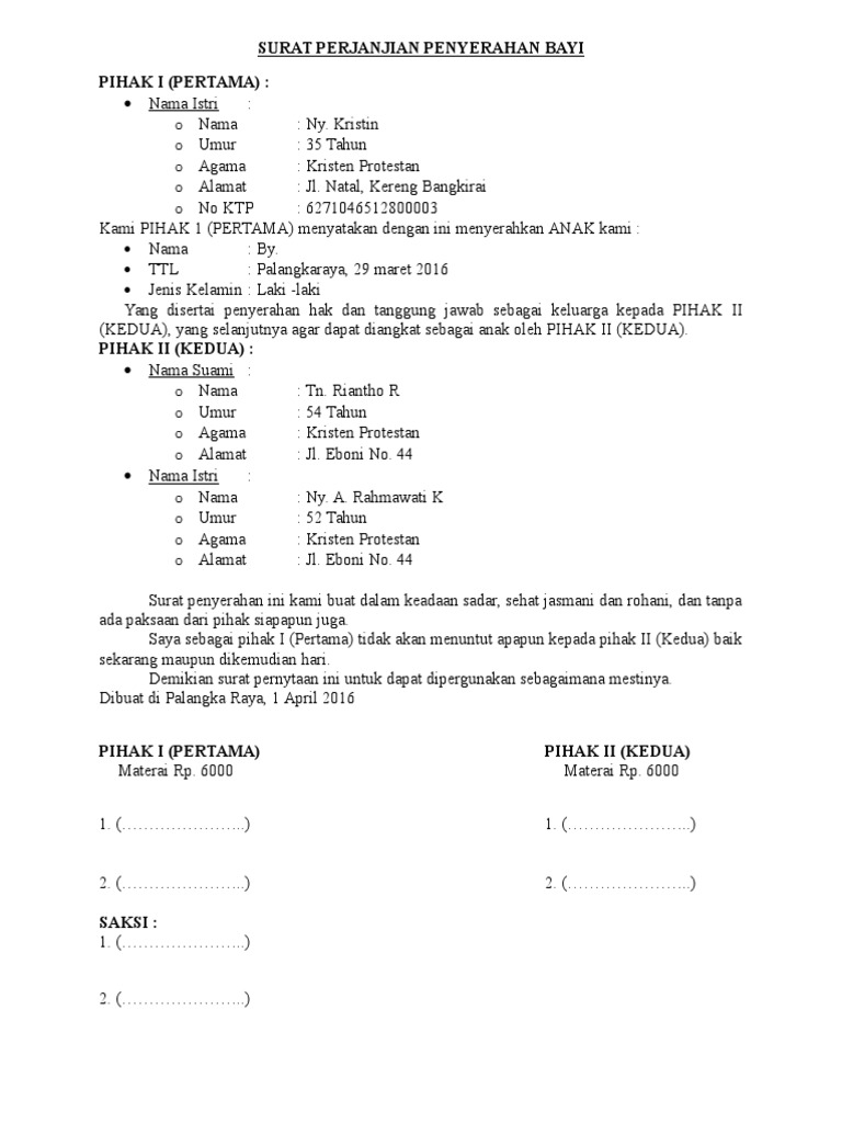 Surat Perjanjian Penyerahan Bayi